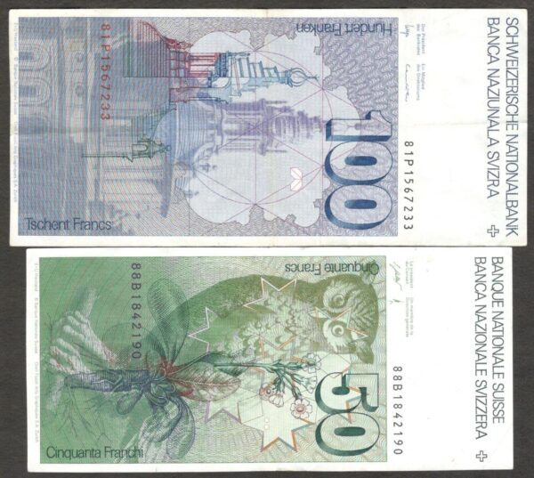 Set 4 Pcs Switzerland 10 20 50 100 Franken Francs 1981 - 1991 VF to aUNC- - Image 4