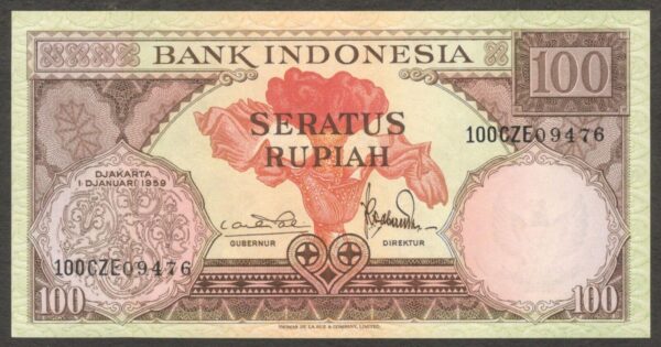 Indonesia 100 Rupiah Flower Thomas de La Rue P-69 1959 UNC
