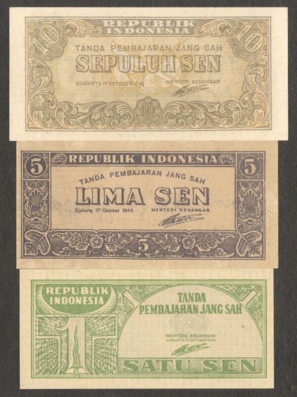 Set 3 Pcs Oeang Republik Indonesia (ORI) 1 5 10 Sen 1945 P-13 14 15 UNC