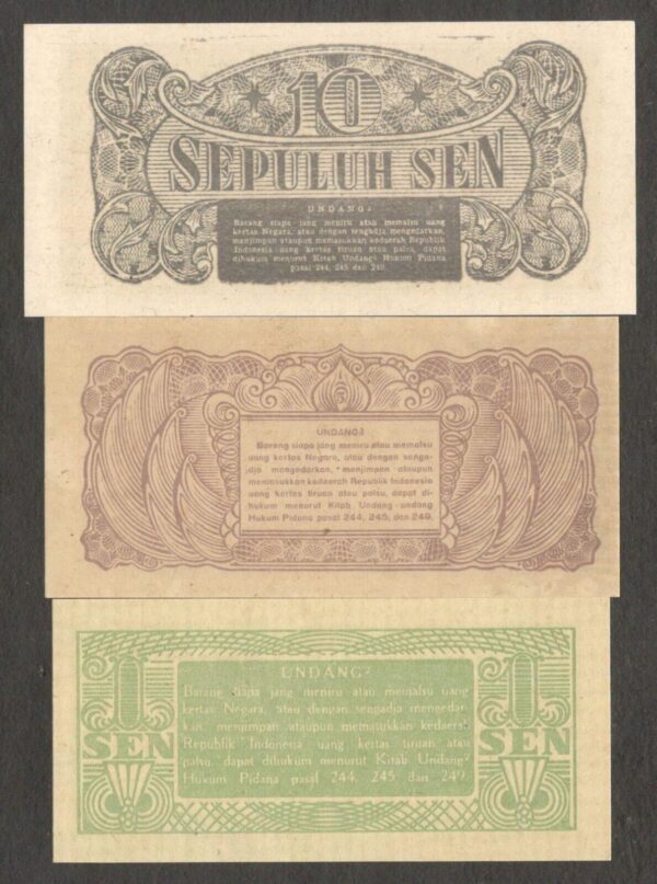 Set 3 Pcs Oeang Republik Indonesia (ORI) 1 5 10 Sen 1945 P-13 14 15 UNC - Image 2