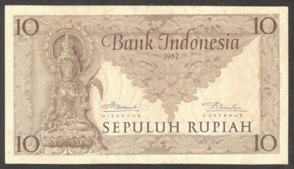 Indonesia 10 Rupiah Goddess Prajnaparamita P-43b 1952 aUNC Pertjetakan Kebajoran