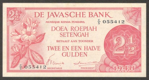 Netherlands Indies Indonesia 2 1/2 2.5 Gulden P-99 1948 aUNC to UNC