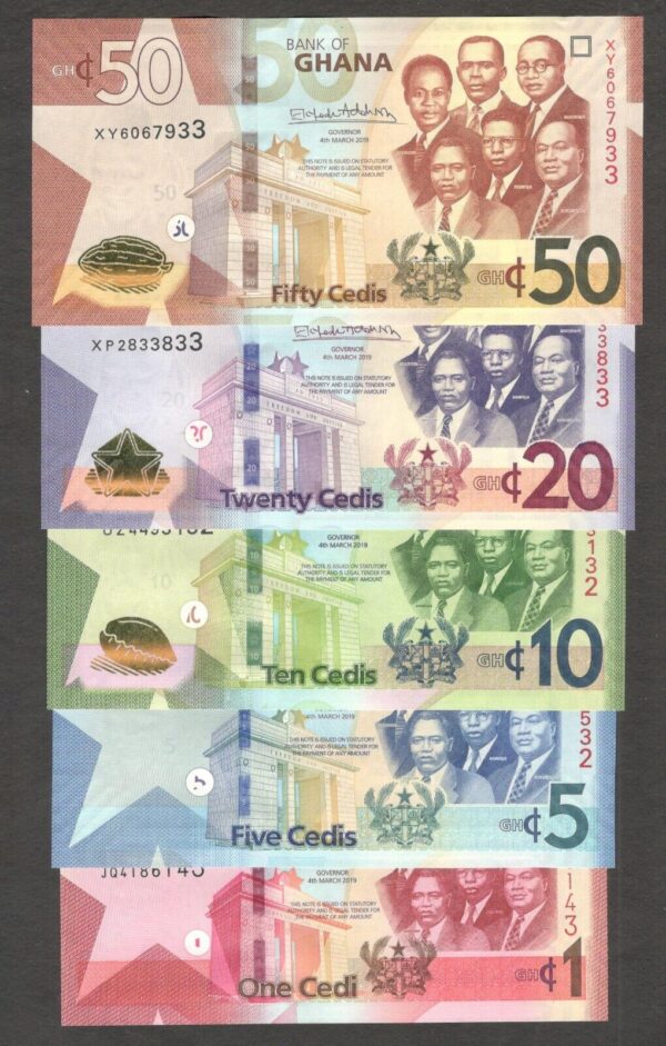 Lot 5 Pcs Set Ghana 1 5 10 20 50 Cedis P-45 To 49 2019 UNC