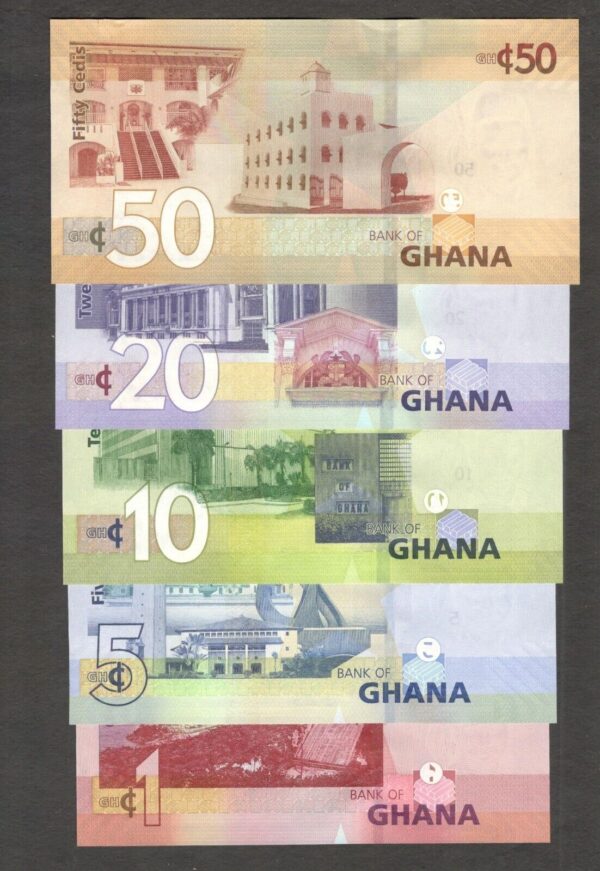 Lot 5 Pcs Set Ghana 1 5 10 20 50 Cedis P-45 To 49 2019 UNC - Image 2