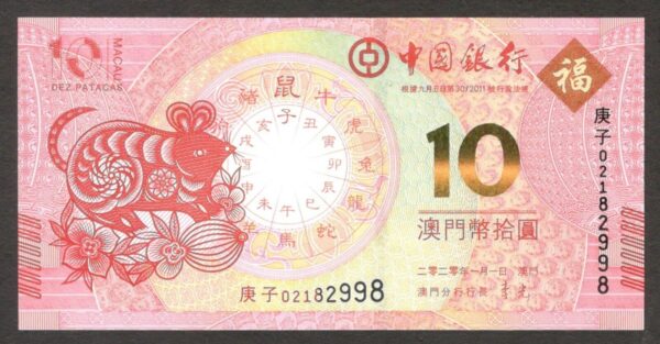 Macau 10 Patacas Commemorative Year of Rat P-88F 2020 UNC