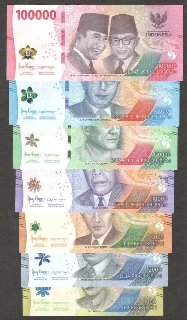 NEW! FullSet Indonesia 100000 50000 20000 10000 5000 2000 1000 Rupiah 2022 UNC