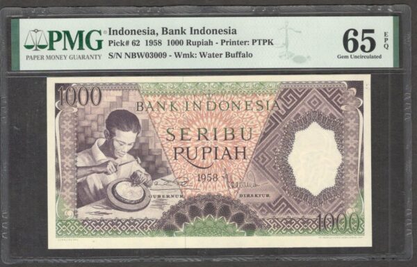 Indonesia 1000 1,000 Rupiah Green P 62 1958 PMG 65 EPQ GEM UNC