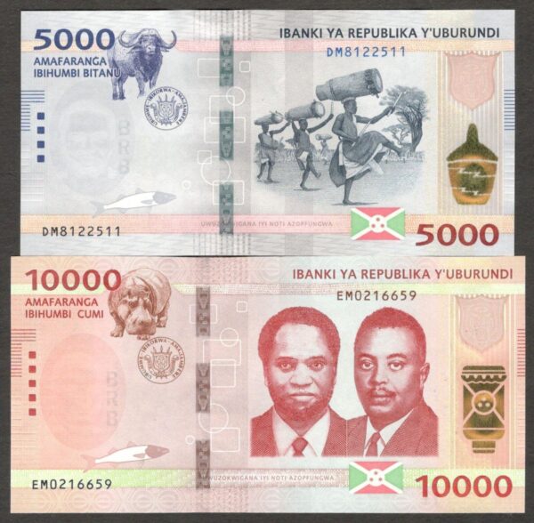 NEW Lot 2 Pcs Burundi 5000 10000 Francs 2022 UNC Improved Security Features