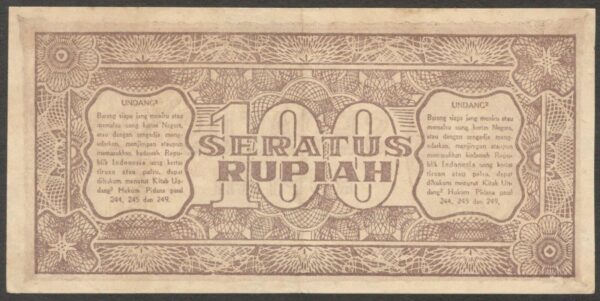 Oeang Republik Indonesia (ORI) 100 Rupiah President Soekarno P-29 1947 XF Crisp - Image 2