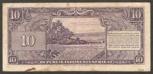 Republik Indonesia Serikat 10 Rupiah President Soekarno P-37 1950 VF - Image 2