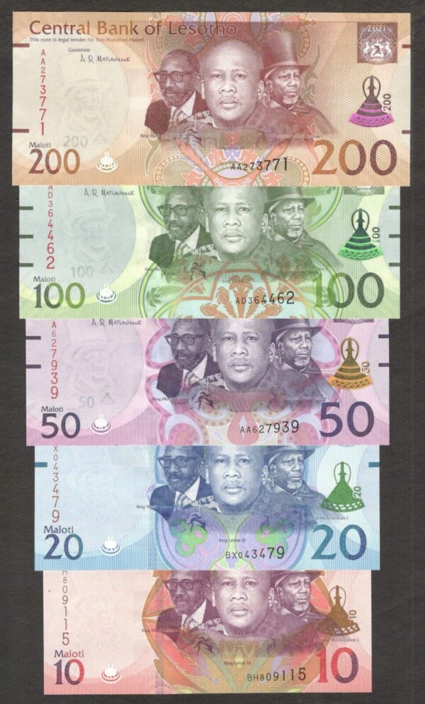 Full Set 5 Pcs Lesotho 10 20 50 100 200 Maloti 2021 UNC