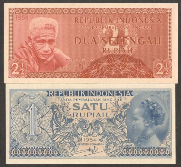 Full Set 2 Pcs Indonesia 2 1/2 & 1 Rupiah Flores Man & Woman P-72 73 1954 UNC