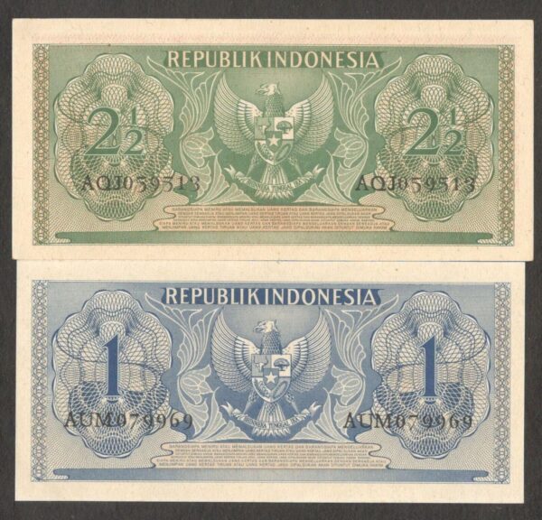 Full Set 2 Pcs Indonesia 2 1/2 & 1 Rupiah Flores Man & Woman P-72 73 1954 UNC - Image 2