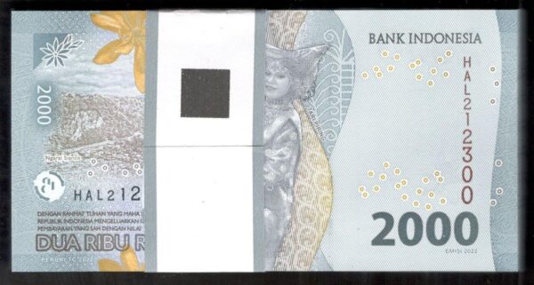 Lot 100 Pcs 1 Bundle Indonesia 2000 2,000 Rupiah 2022 UNC New Design - Image 2