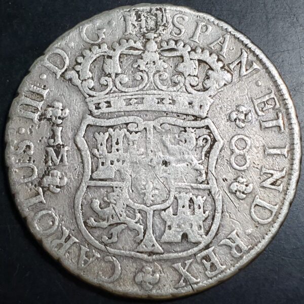 Mexico Peru Spanish Colonial 8 Reales Two Pillar Carolus III 1769 LME JM Genuine - Image 2