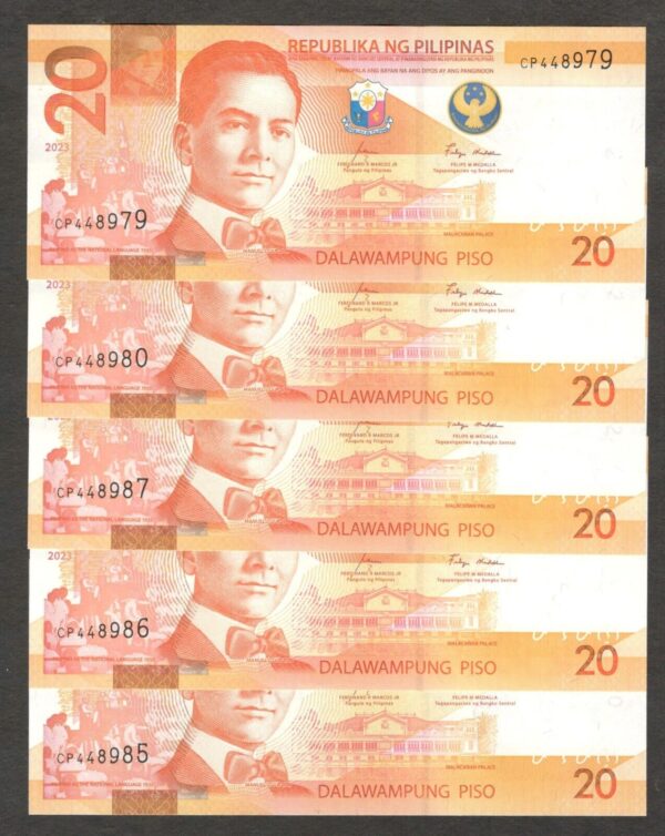 Lot 5 Pcs Philippines 20 Peso Piso Manuel Quezon P-230 2023 UNC