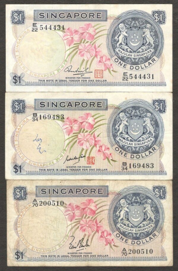 Lot 3 Pcs Set Signature Singapore 1 Dollar Orchid P-1 ND (1967-72) VF