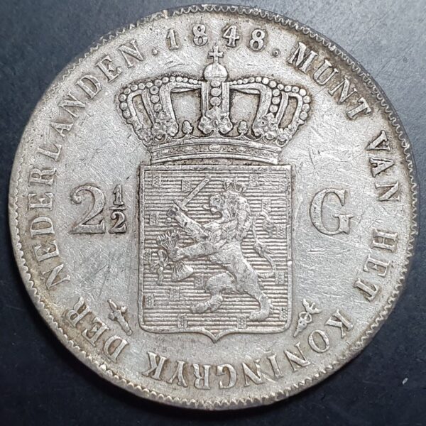 Netherlands 2 1/2 2.5 Gulden Willem William II 1848 VF Sharp Detail - Image 2