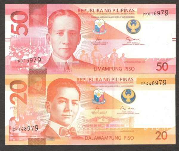 Set 2 Pcs Philippines 20 50 Peso Piso P-230 231 2023 UNC
