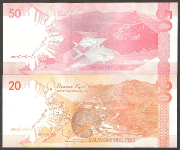 Set 2 Pcs Philippines 20 50 Peso Piso P-230 231 2023 UNC - Image 2