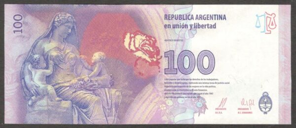 Argentina 100 Pesos Eva Evita Peron P-358c Random Suffix ND (2016) UNC - Image 2