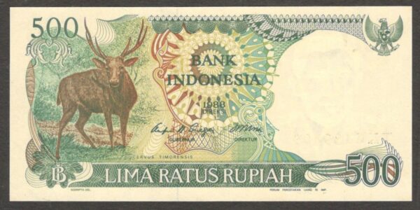 Indonesia 500 Rupiah Stag Deer Cervus Timorensis 1988 UNC