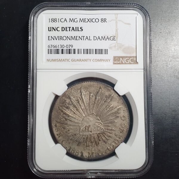 Mexico Second Republic 8 Reales 1881 Ca MG Chihuahua NGC UNC Details - Image 2