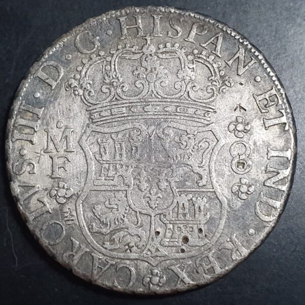 Mexico Spanish Colonial 8 Reales Two Pillar Carol Carolus III 1766 Mo MF - Image 2