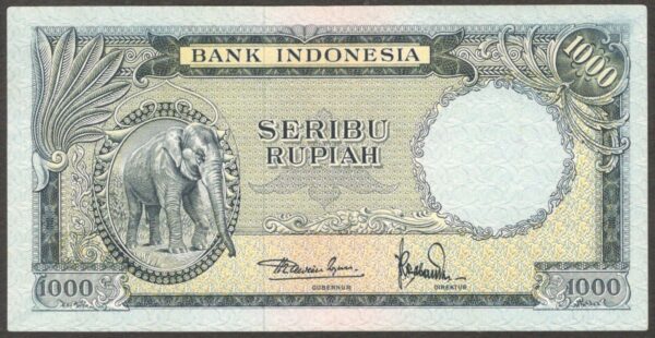 Indonesia 1000 1,000 Rupiah Elephant P-53 1957 XF Crisp Paper No Hole