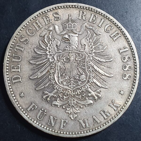 Prussia German States 5 Mark Friedrich 1888 A XF - Image 2