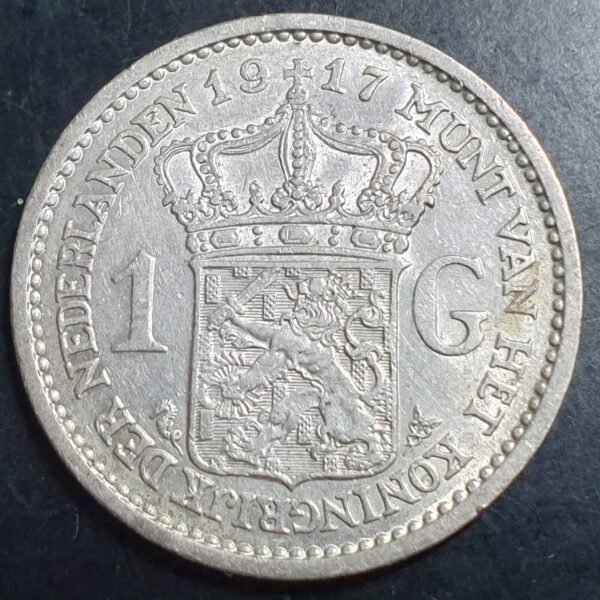 Netherlands 1 Gulden Wilhelmina Crown 1917 aUNC Original Luster