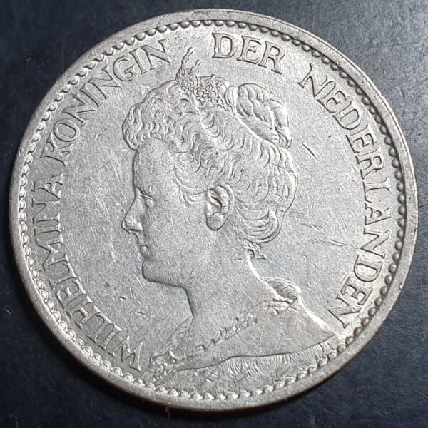 Netherlands 1 Gulden Wilhelmina Crown 1917 aUNC Original Luster - Image 2