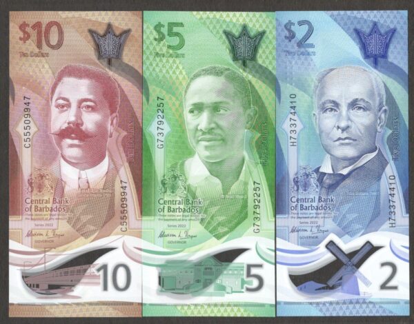 Set 3 Pcs Barbados 2 5 10 Dollars 2022 NEW Polymer UNC