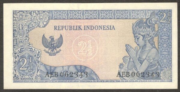 Indonesia 2 1/2 2.5 Rupiah President Soekarno P-81a with Printer Name 1964 UNC - Image 2