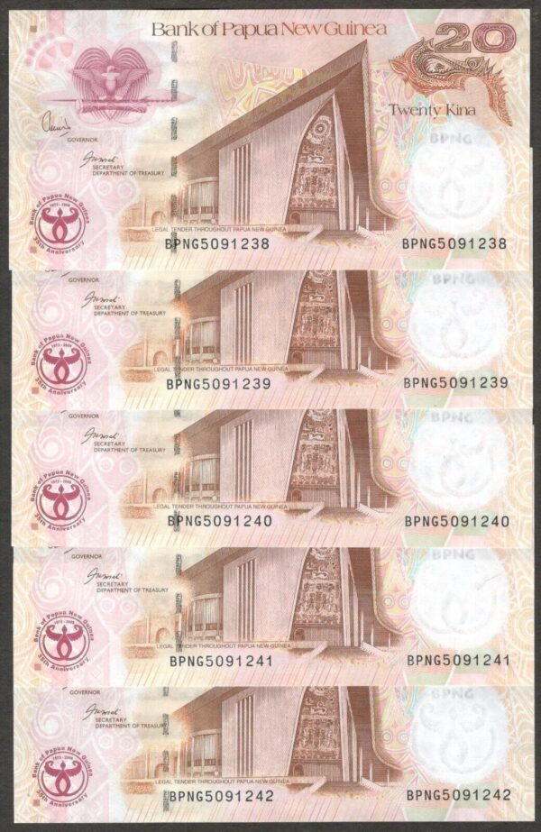 Lot 5 Pcs Papua New Guinea 20 Kina Commemorative 35th Year P-36 2008 UNC