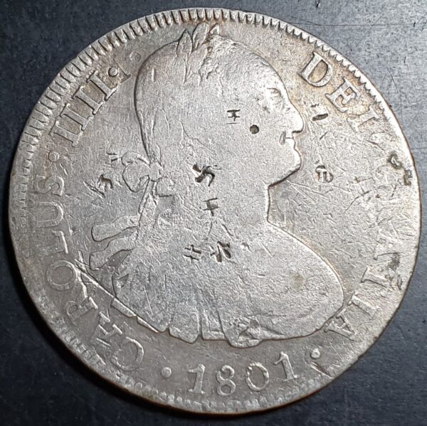 Mexico Spanish Colonial 8 Reales Carolus IIII 1801 PTS PP Double Struck Error