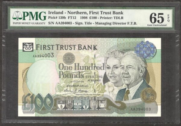 Northern Ireland 100 Pounds Prefix AA P-139b 1998 GEM UNC PMG 65 EPQ