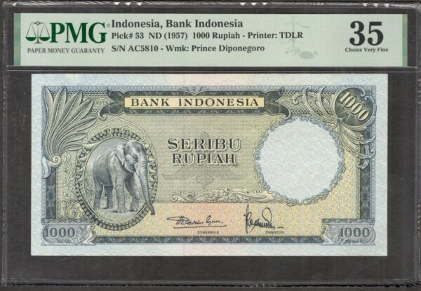 Indonesia 1000 1,000 Rupiah Elephant P-53 1957 PMG 35 Ch VF No Remark