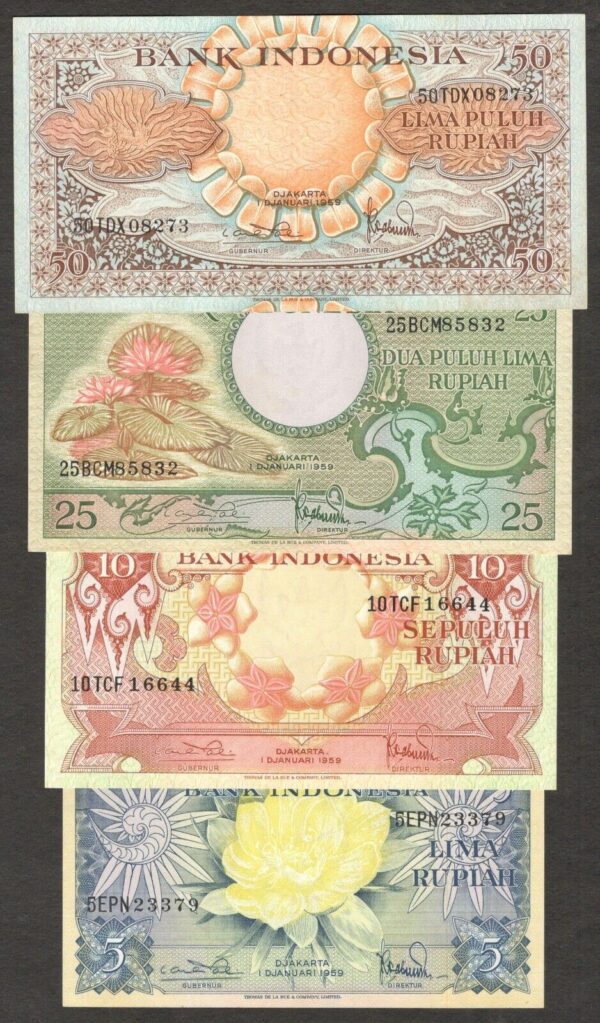 Set 4 Pcs Indonesia 5 10 25 50 Rupiah Flower & Birds P-65 P-68 1959 UNC