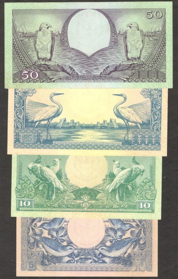 Set 4 Pcs Indonesia 5 10 25 50 Rupiah Flower & Birds P-65 P-68 1959 UNC - Image 2