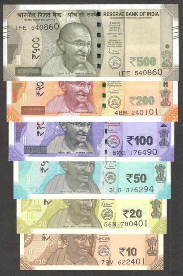 Full Set 6 Pcs India 10 20 50 100 200 500 Rupees 2018-2022 UNC