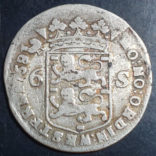 Netherlands 6 Stuiver Scheepjesschelling West Friesland 1759/58 Overstruck VG - Image 2