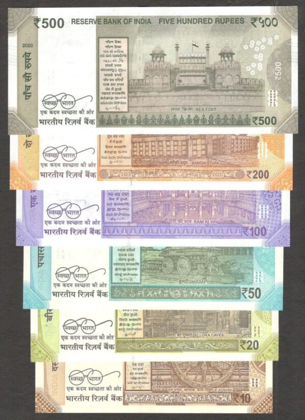 Full Set 6 Pcs India 10 20 50 100 200 500 Rupees 2018-2022 UNC - Image 2