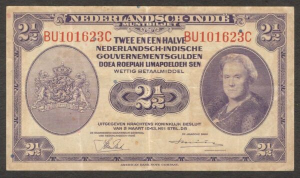 Netherlands Indies Civil Administration 2 1/2 2.5 Gulden P-112 1943 VF Crisp