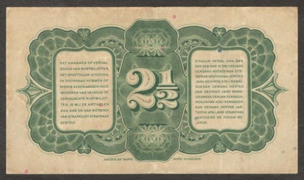 Netherlands Indies Civil Administration 2 1/2 2.5 Gulden P-112 1943 VF Crisp - Image 2