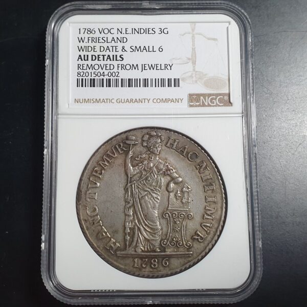 Netherlands East Indies West Friesland VOC Indonesia 3 Gulden 1786 NGC AU Detail - Image 4