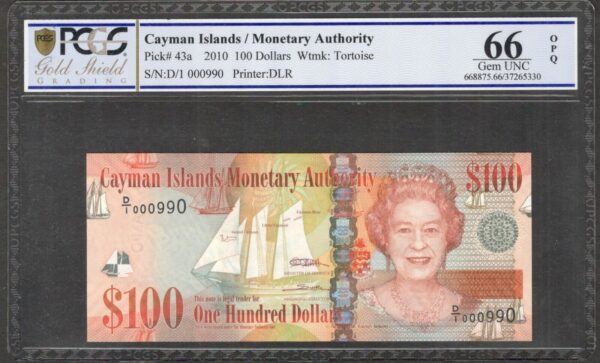 Cayman Island 100 Dollars Queen Elizabeth II 2010 P-43a PCGS Gold Shield 66 OPQ