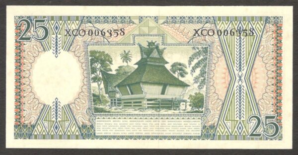 Indonesia 25 Rupiah Workers P-57* 1958 UNC Light Stain