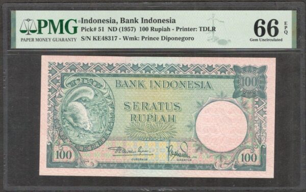 Indonesia 100 Rupiah Squirrel 1957 PMG 66 EPQ Gem UNC