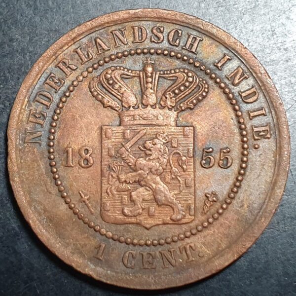 Netherlands East Indies Indonesia 1 Cent 1855 XF KEYDATE Mint only 100,000 Pcs